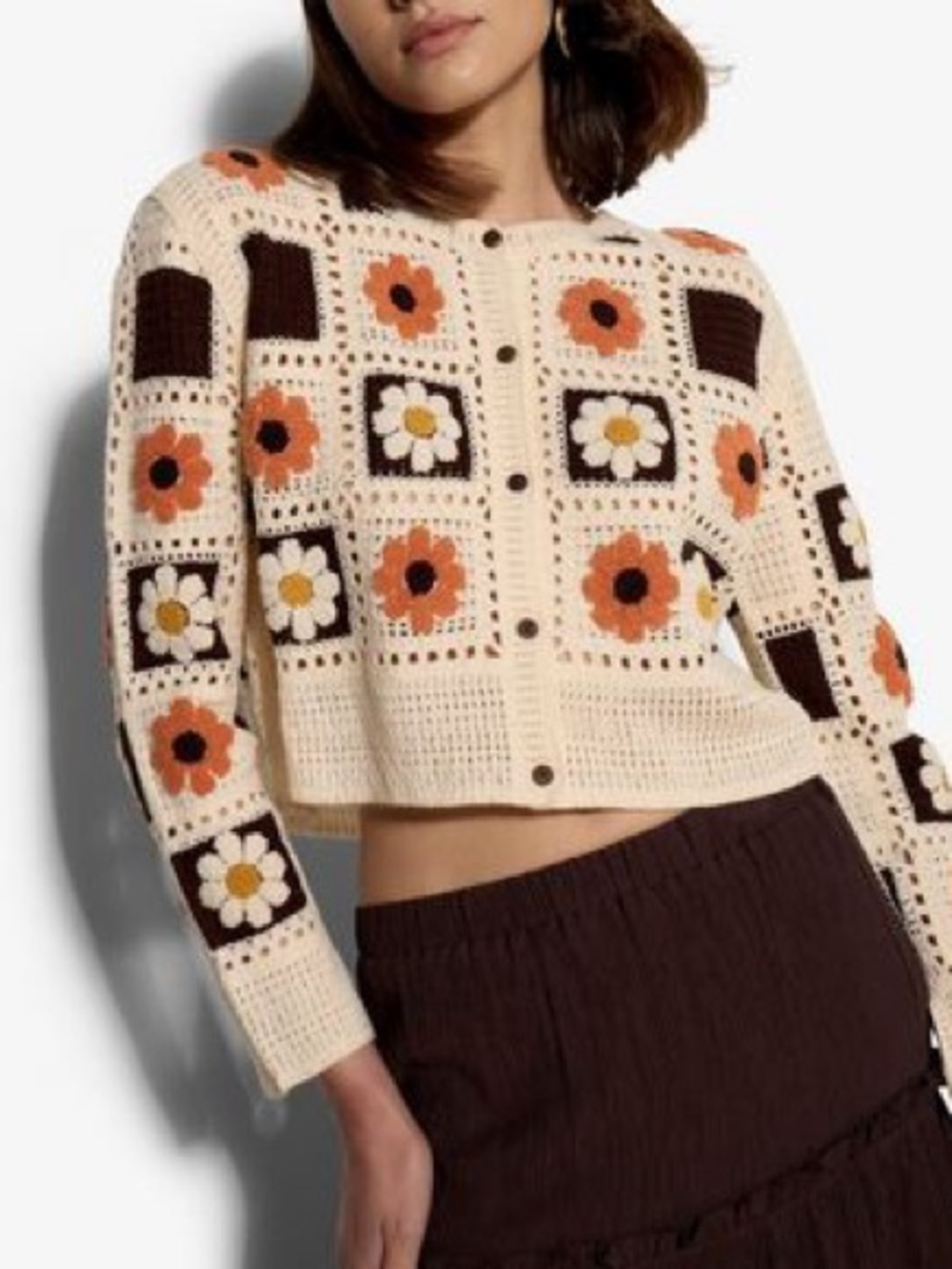 Everleigh Cream Crochet Floral Cardigan Sweater with Red & Brown Accents